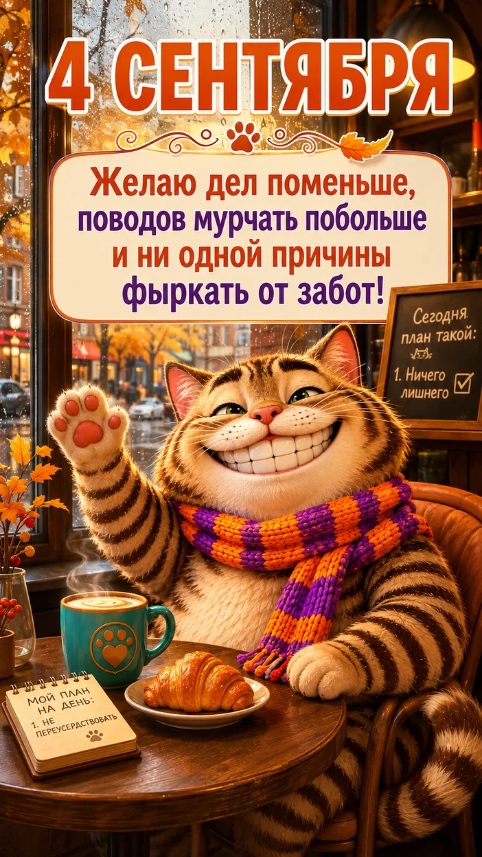 Открытка 4 сентября пожелания от кота Фазилио