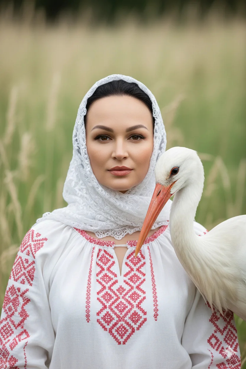 Девушка в белом платке с аистом у щеки на природе