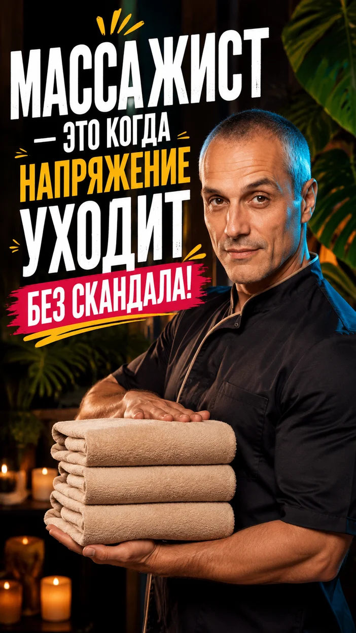 Праздничная фотооткрытка с текстом "МАССАЖИСТ — ЭТО КОГДА НАПРЯЖЕНИЕ УХОДИТ БЕЗ СКАНДАЛА!"