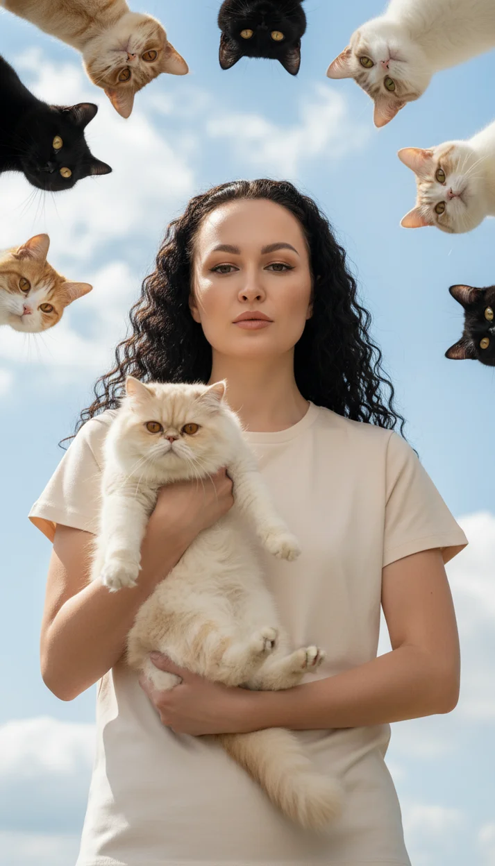  Девушка с кошкой в руках на фоне неба