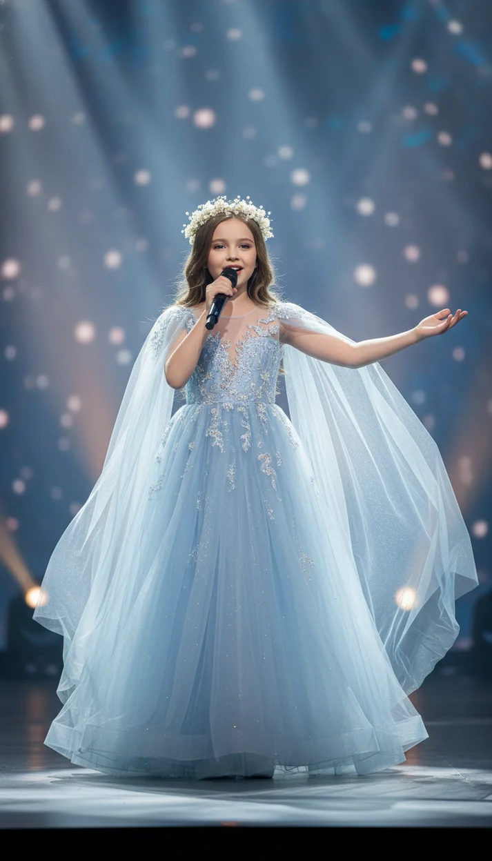Сценический портрет ребёнка-певицы в сияющем платье