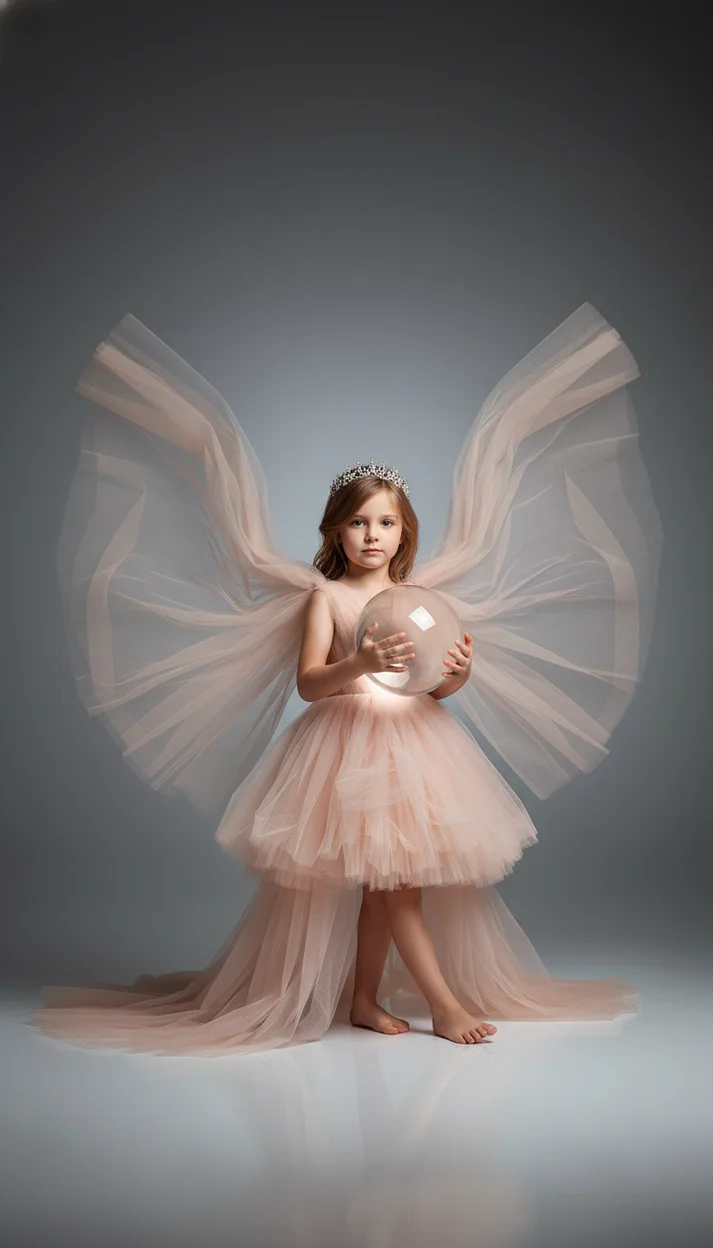 Сказочный студийный портрет ребёнка с воздушным тюлевым платьем и прозрачным шаром