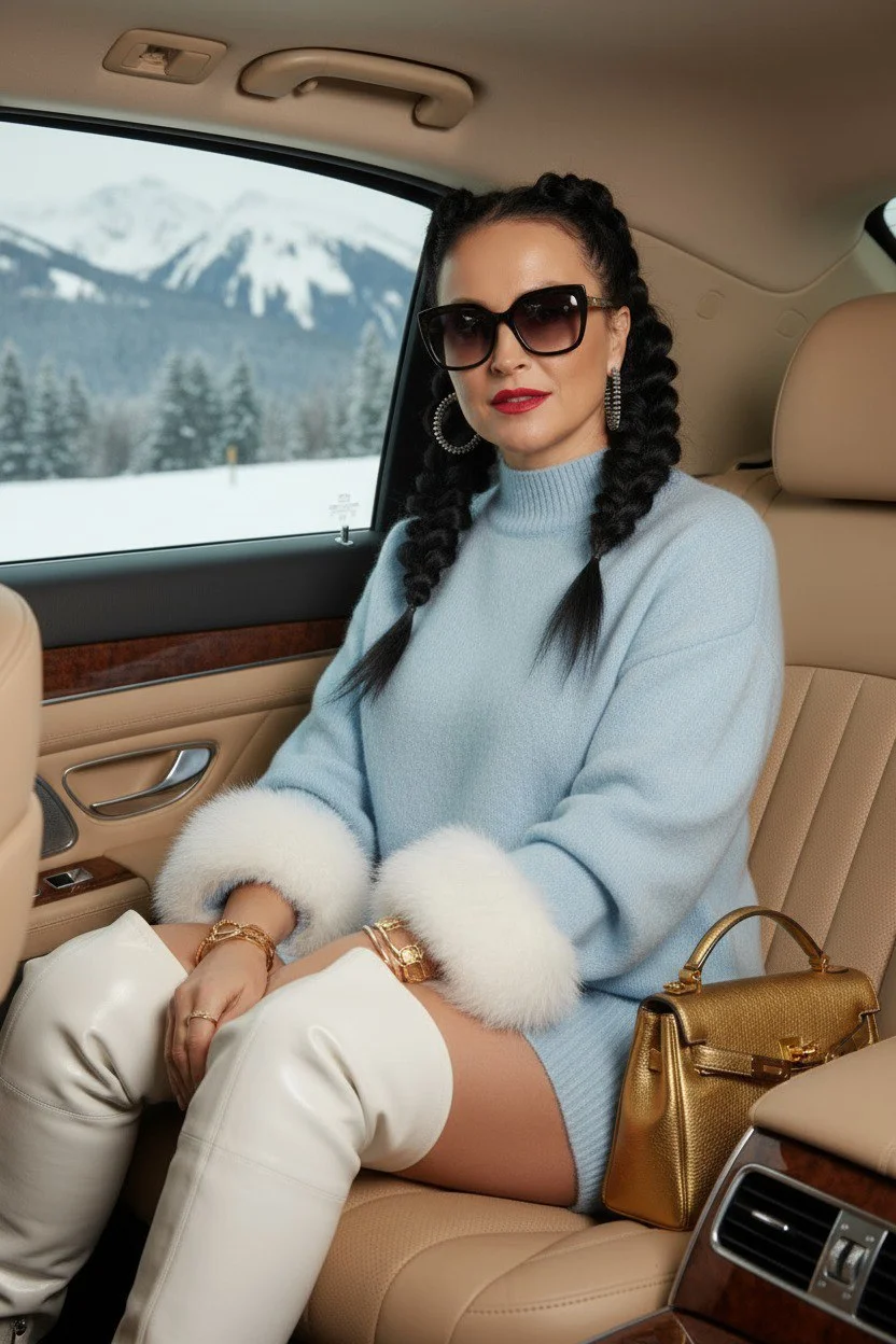 ИИ фотосессия зимой: luxury фото в машине на фоне гор