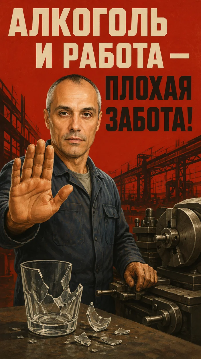 Фотосессия производственного предупреждающего плаката «Алкоголь и работа — плохая забота!»