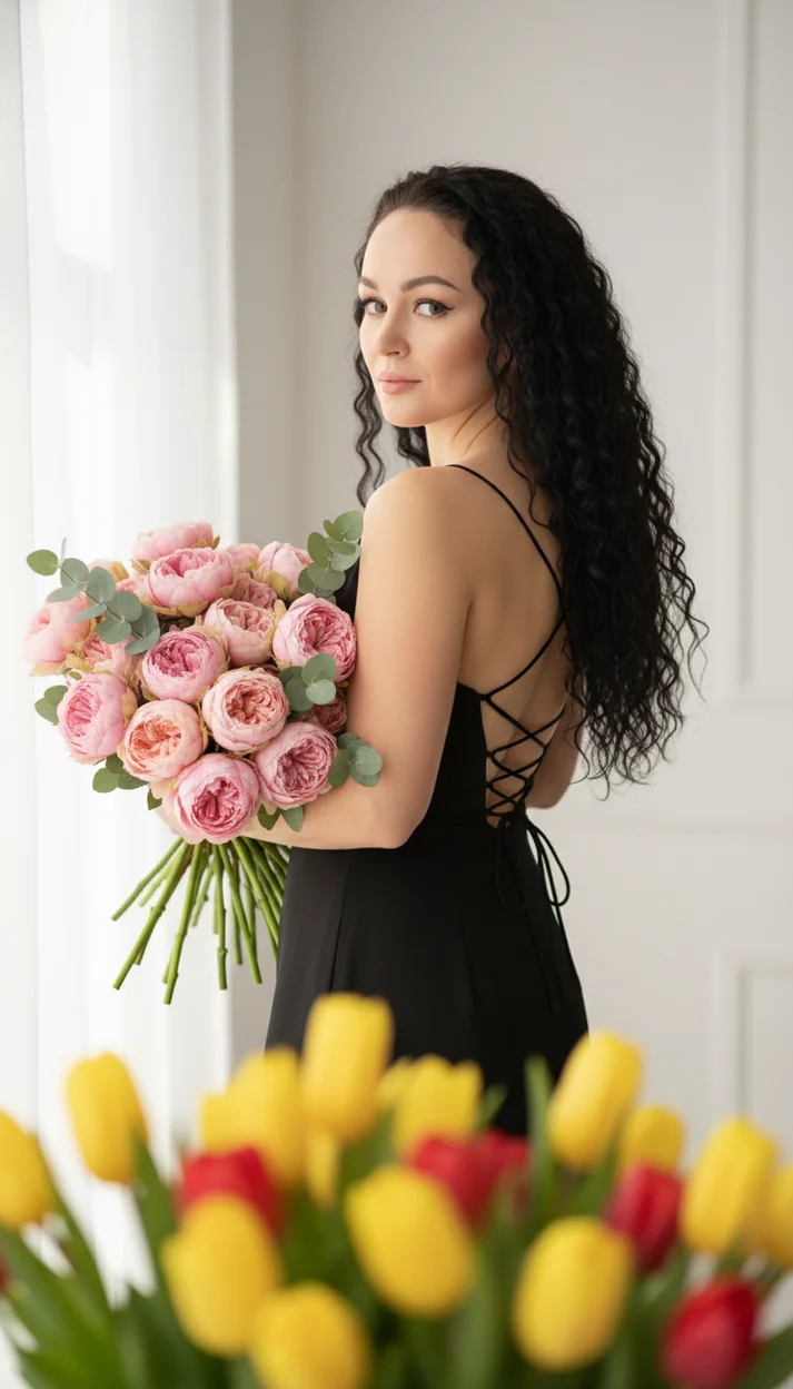 Девушка  с букетом  розовых и персиковых пионовидных роз