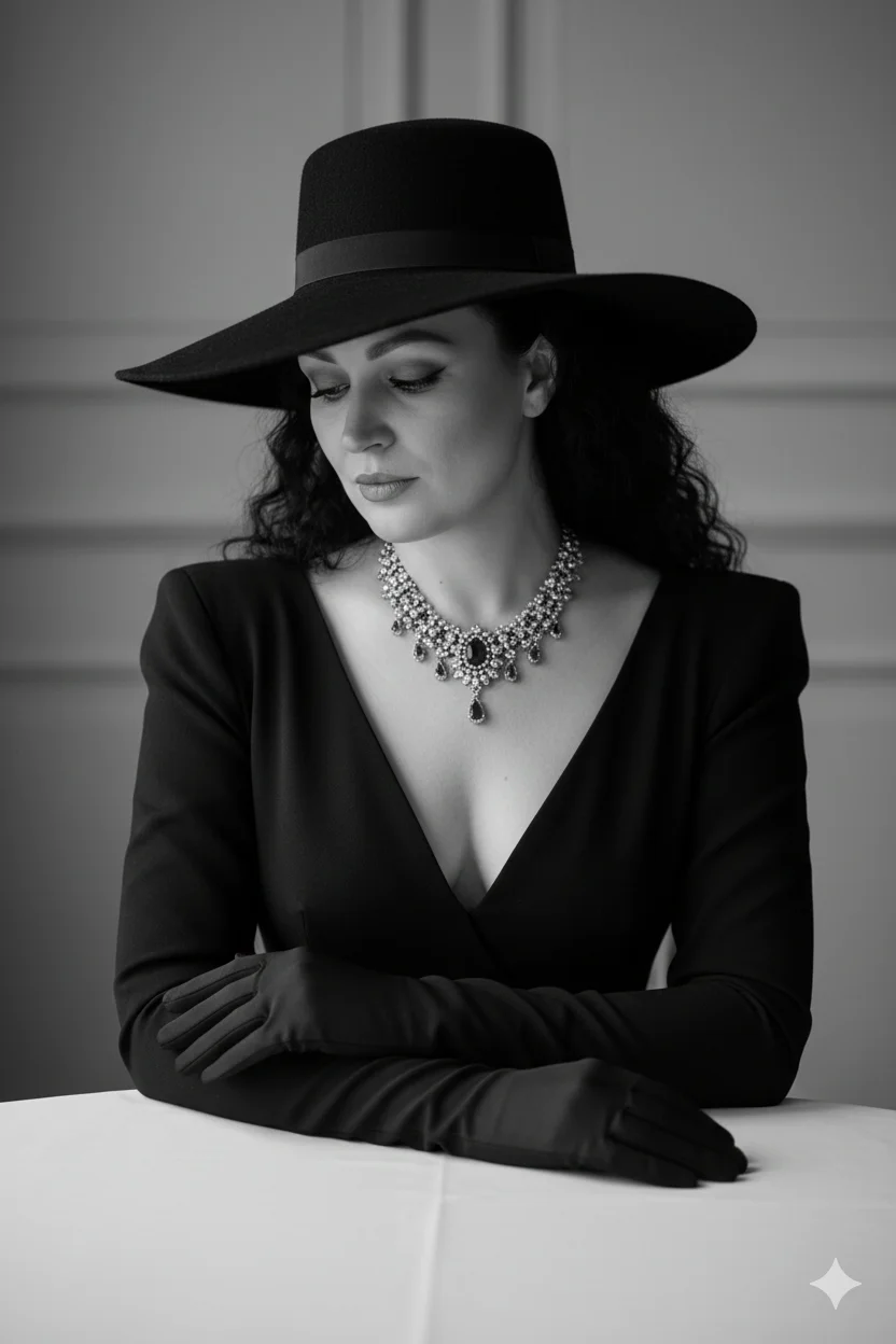 Драматичный чёрно-белый fashion-портрет в винтажном стиле: женщина в элегантном образе с шляпой и акцентным колье