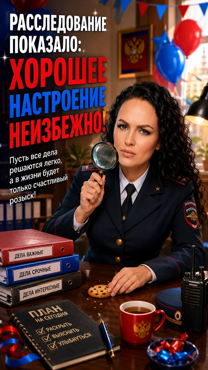 Фотооткрытка коллеге с текстом "РАССЛЕДОВАНИЕ ПОКАЗАЛО: ХОРОШЕЕ НАСТРОЕНИЕ НЕИЗБЕЖНО!"