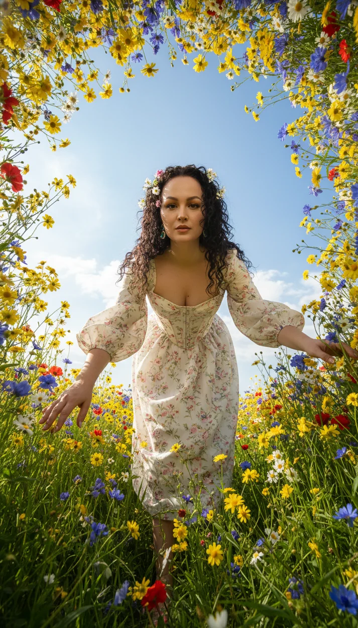 Девушка в цветочном круге, вид снизу, смотрит в камеру