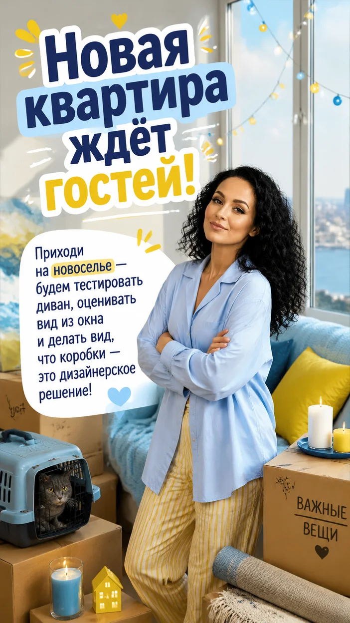 Фотооткрытка для девушки с приглашением «Новая квартира ждёт гостей!'