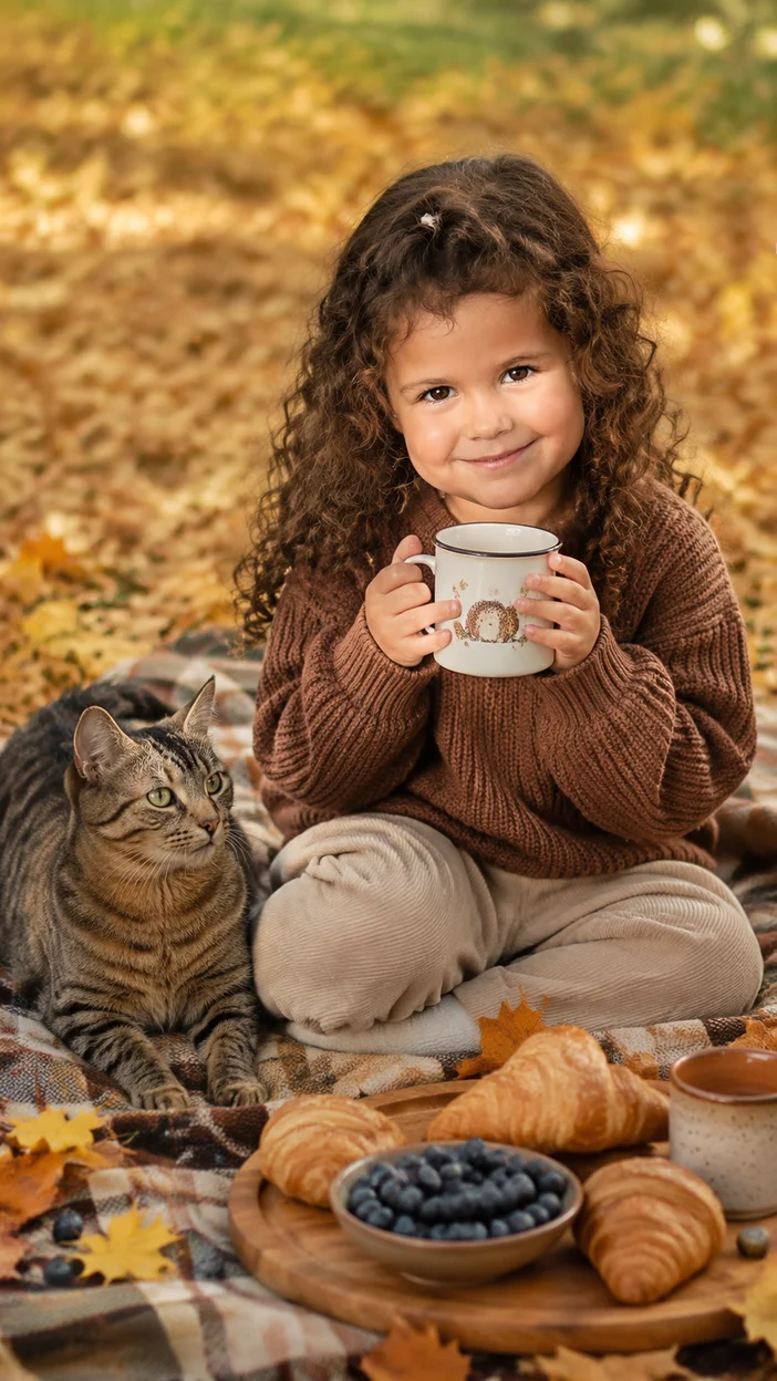 Фотосессия девочки с кошкой на пикнике