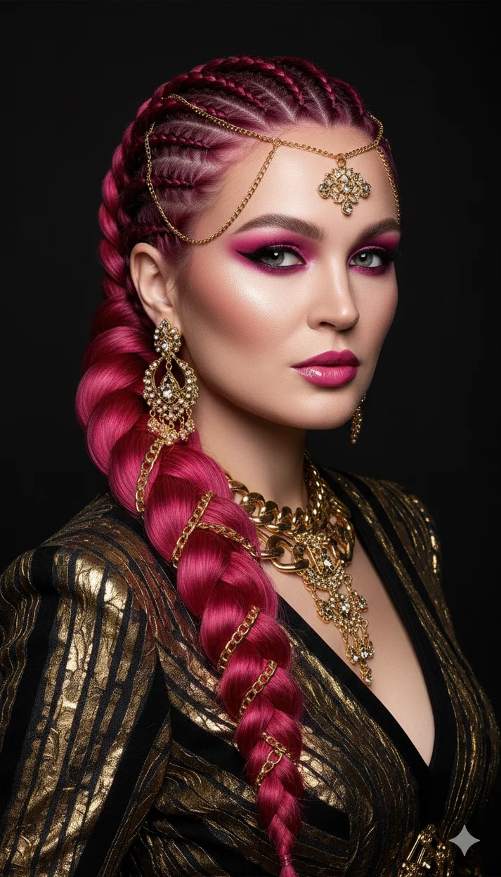 Королевские фуксиевые брейды с золотыми цепями