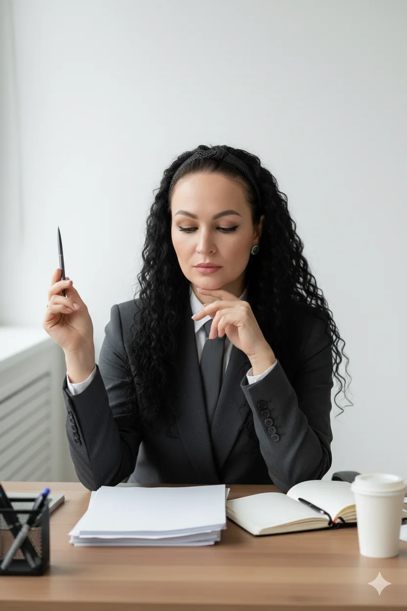 женщина в строгом костюме сидит за рабочим столом с документами