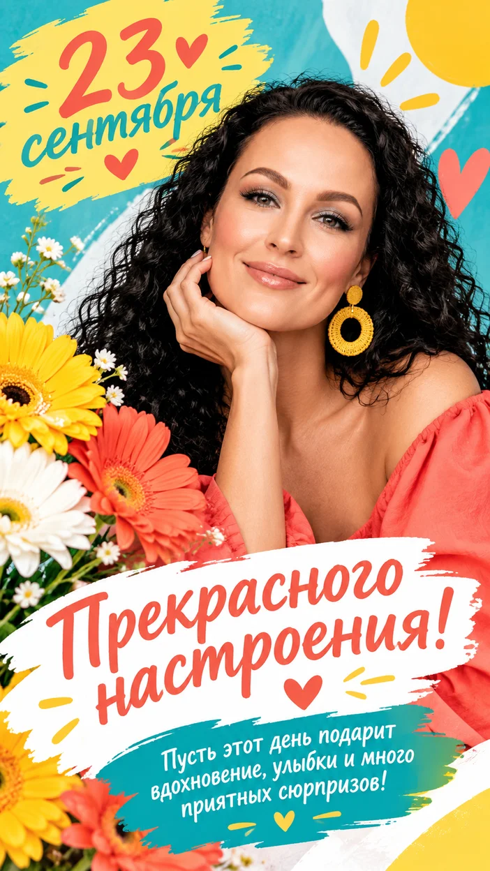 Фотосессия fashion открытка «Прекрасного настроения 23 сентября» — эффектная девушка с крупными цветами и ярким кораллово‑бирюзовым оформлением