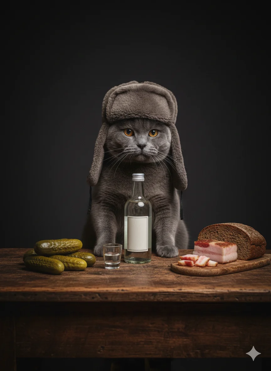 Животное в ушанке сидит за деревянным столом с закуской и бутылкой, студийная сцена в деревенском стиле