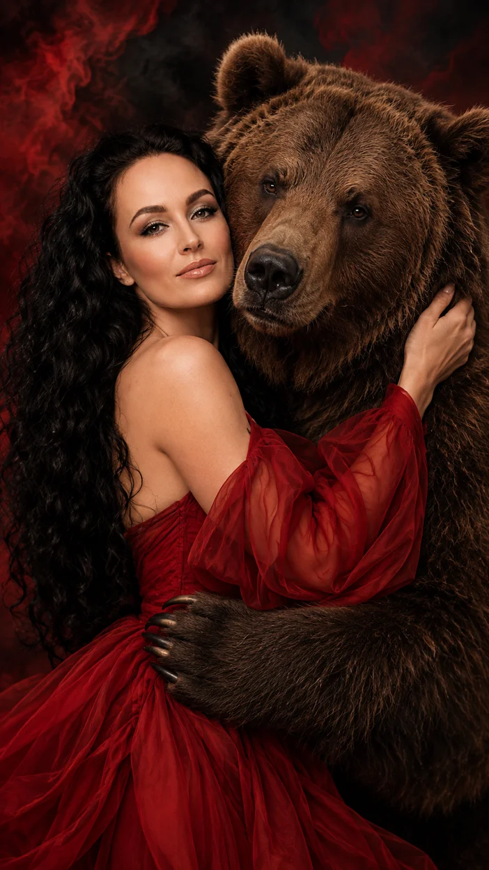 Фотосессия женщины с медведем в красном платье