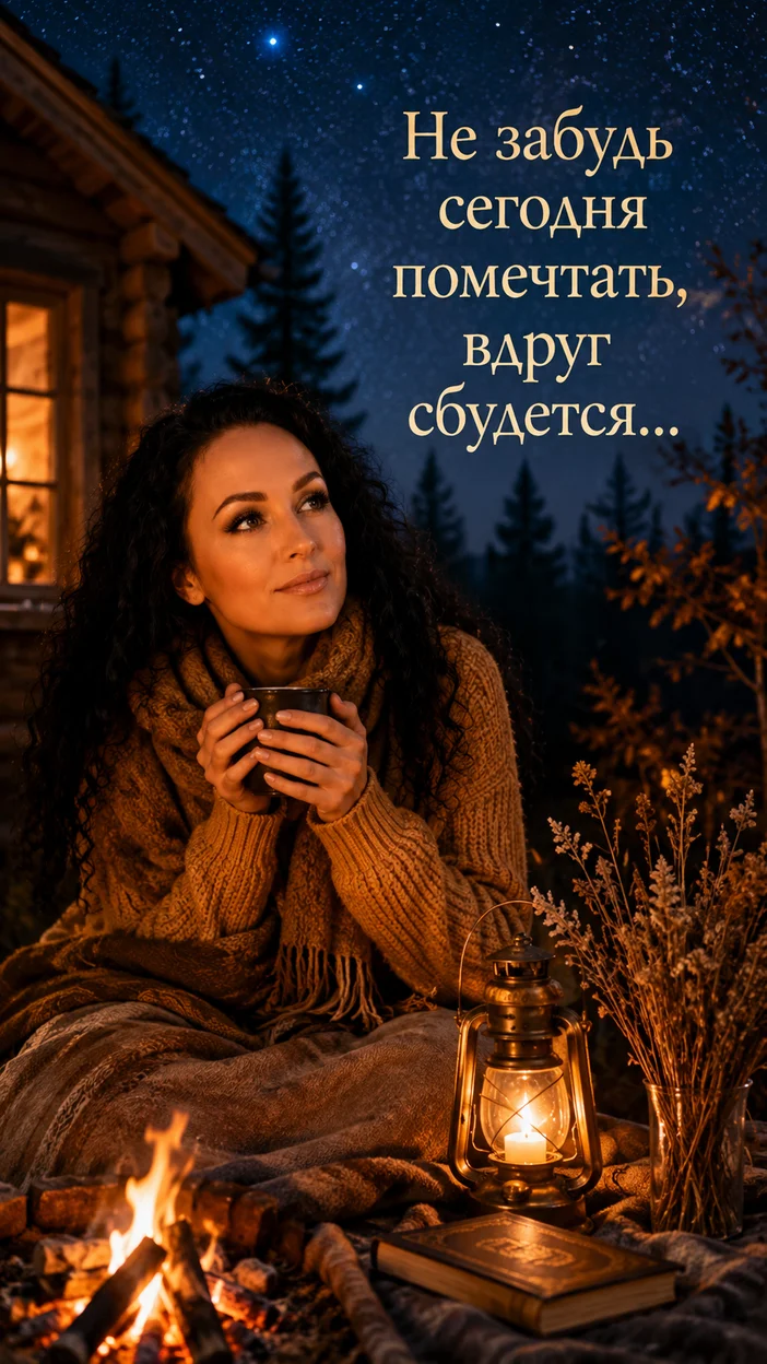 Фотосессия женщины у костра в осеннем свете — текст «Не забудь сегодня помечтать, вдруг сбудется…»