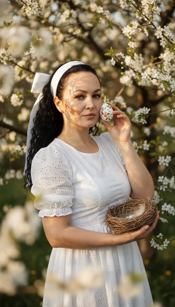  Девушка с пасхальным яйцом в цветущем саду