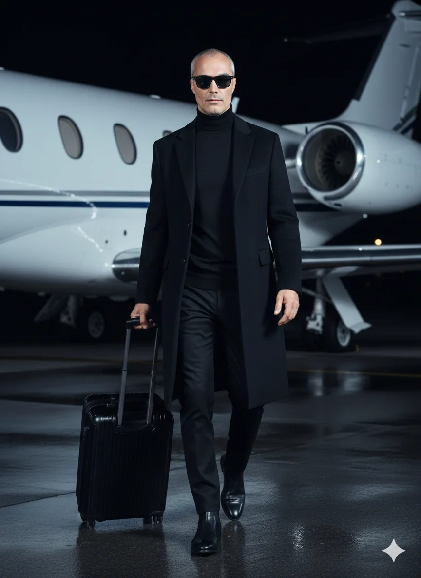 Мужчина в чёрном пальто у частного самолёта с чемоданом