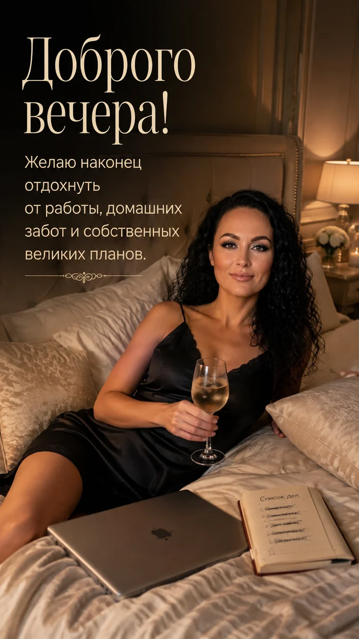 Фотооткрытка для тебя с пожеланием "Доброго вечера! Желаю наконец отдохнуть от работы, домашних забот и собственных великих планов."