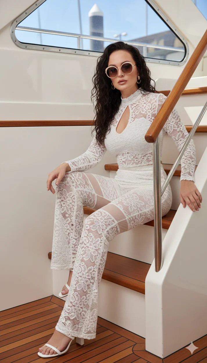 Девушка в белом кружевном костюме на лестнице яхты