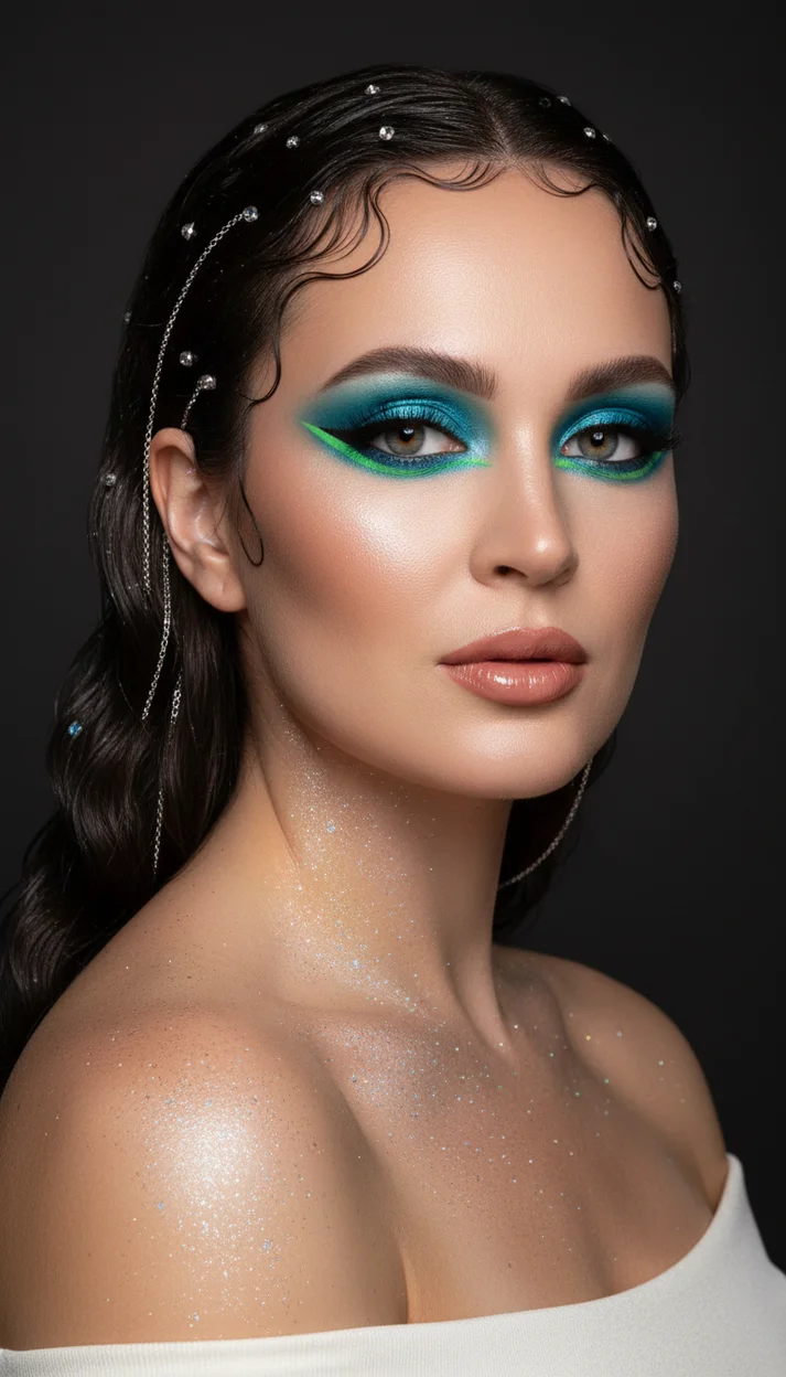  ГАЛАКТИЧЕСКИЙ БЬЮТИ-МАКИЯЖ С БИРЮЗОВЫМИ ГРАФИЧЕСКИМИ СТРЕЛКАМИ