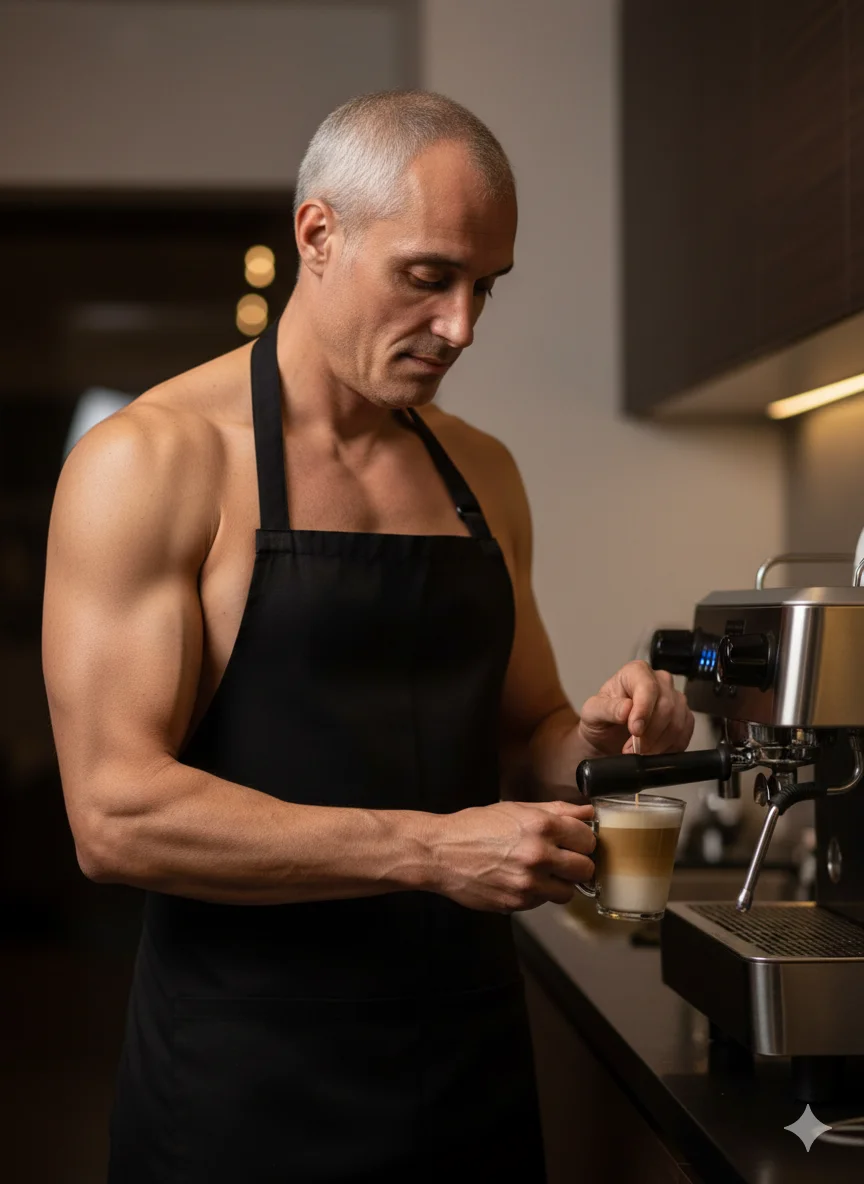 Атлетичный мужчина на кухне в чёрном фартуке готовит кофе у кофемашины