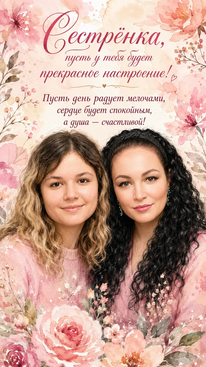 Пожелание для сестры открытка с фото ИИ