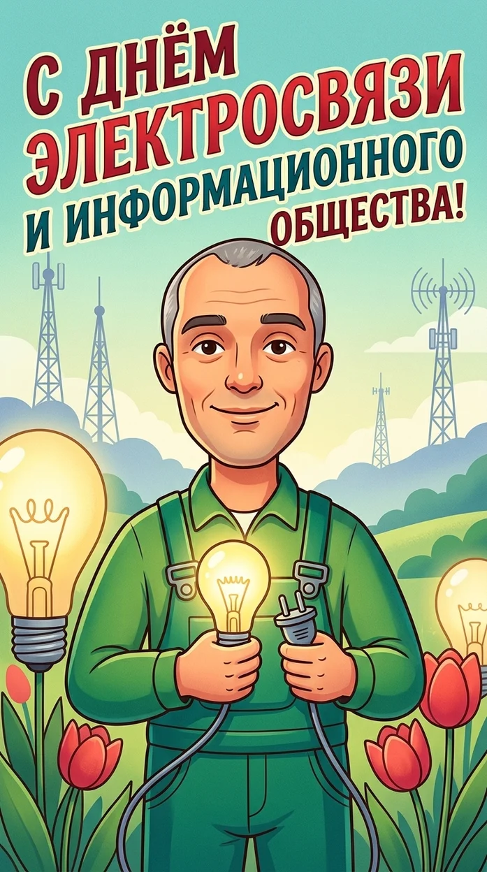  День электросвязи — мультяшная открытка с вашим фото 