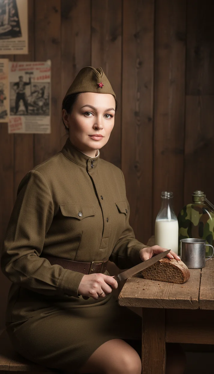  Женщина в военной форме за столом режет хлеб