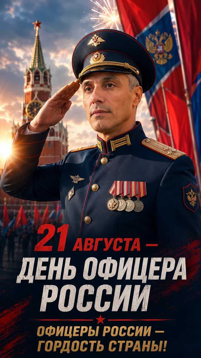 Фотосессия отдающего честь офицера у Кремля — советский плакат‑лозунг