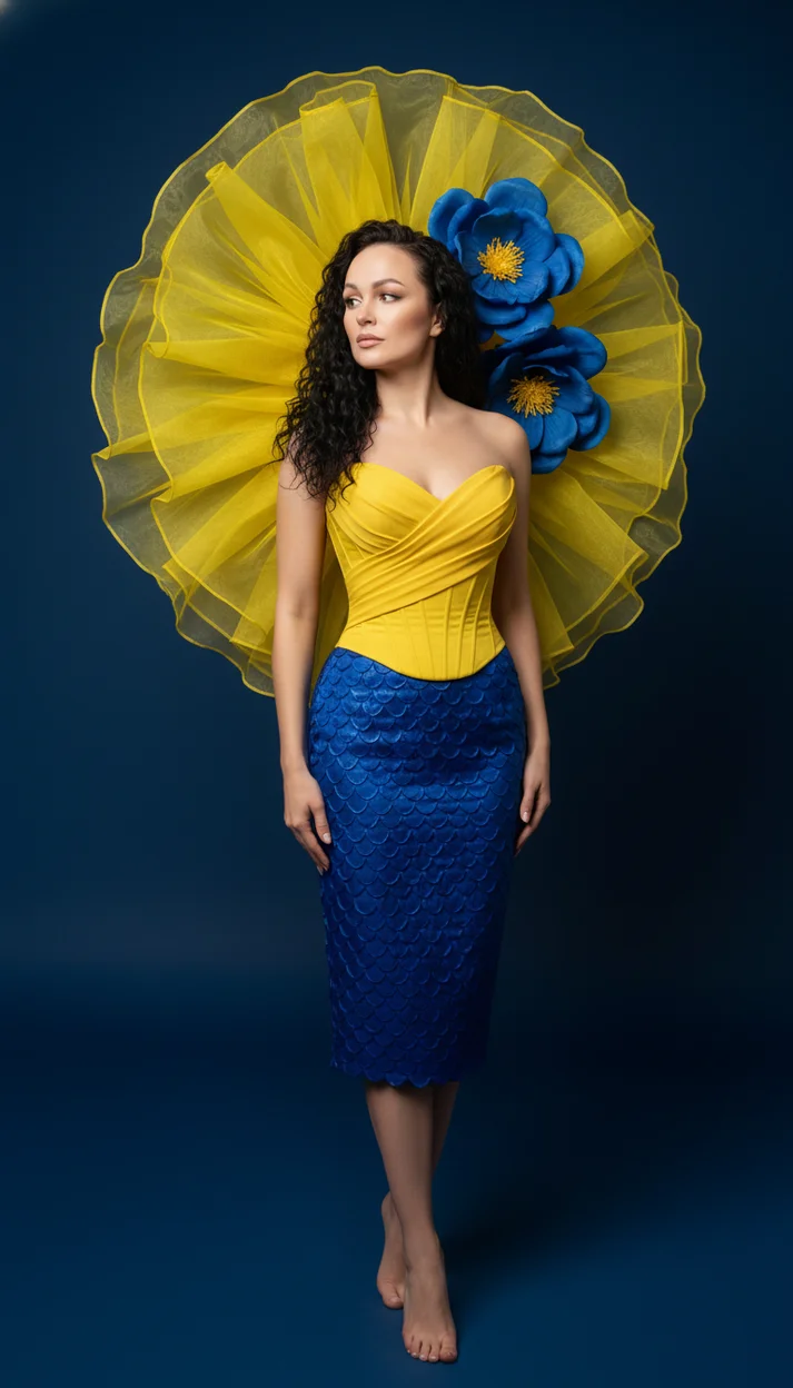 Девушка в студии на тёмно-синем фоне в жёлто-синем платье