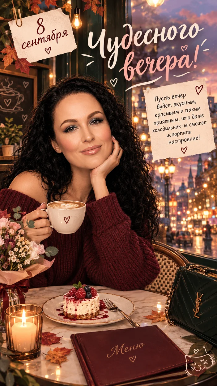 Фотосессия уютная юмористическая открытка к 8 сентября в городской кофейне
