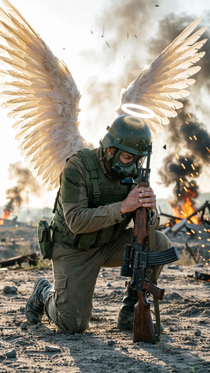 Солдат в военной форме с ангелом 