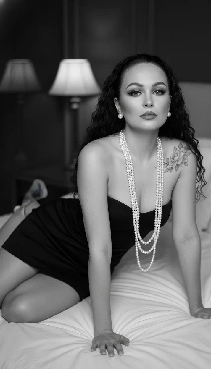  Девушка в чёрном платье с жемчугом лежит на кровати