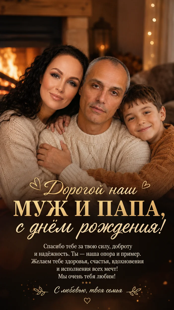 Фотосессия семейный близкий кадр у камина — тёплая домашняя обложка