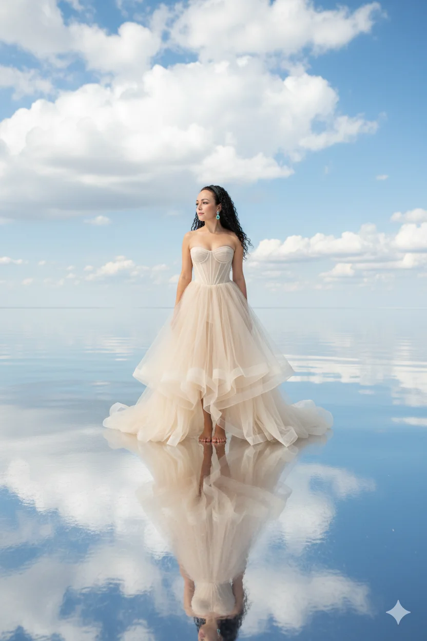 Женщина в бежевом платье на зеркальной поверхности среди облаков