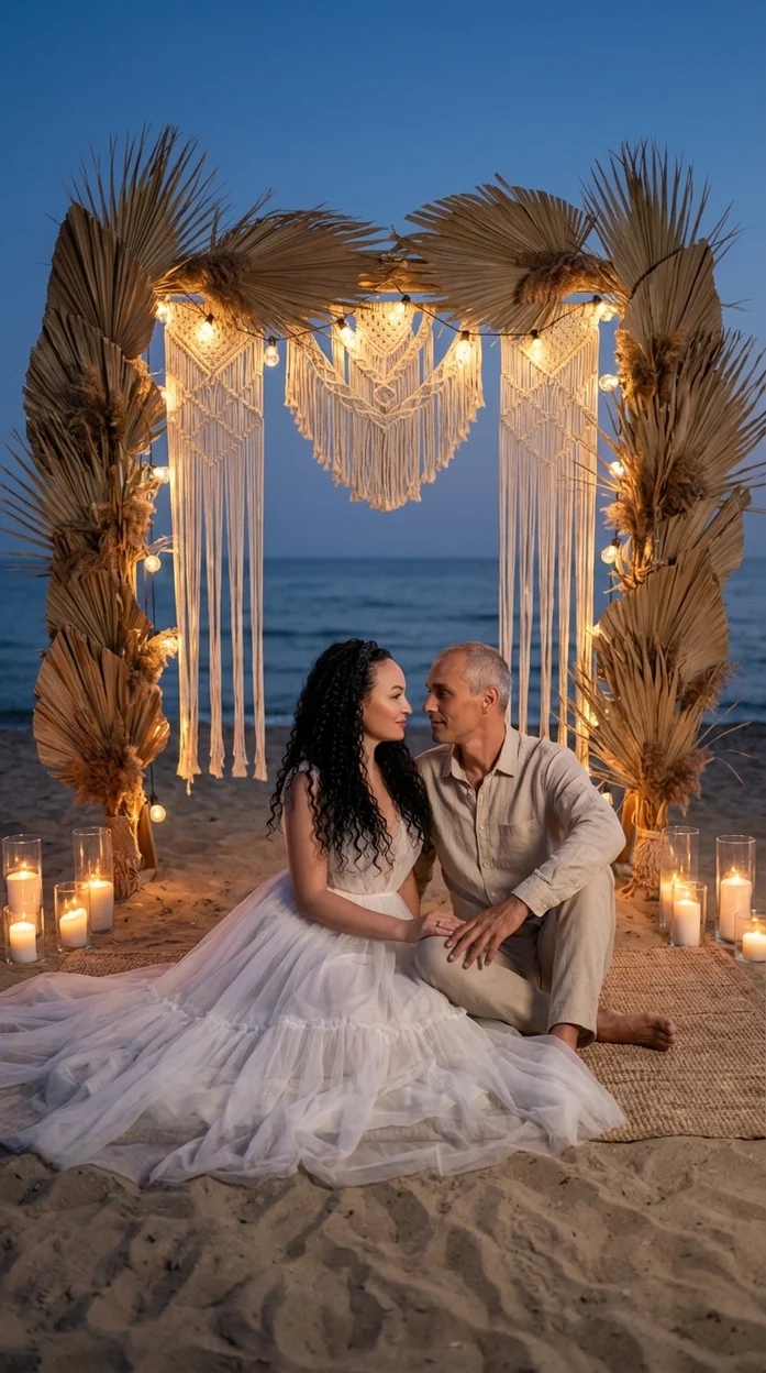 влюблённая пара сидит друг напротив друга на песке под богемной свадебной аркой