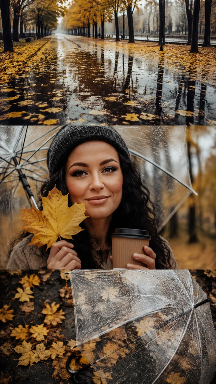 Фотосессия осеннего фотоколлажа с дождём