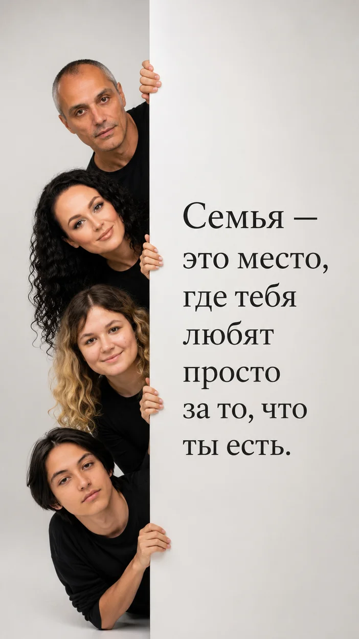 Фотосессия семьи в светлом минималистичном баннере студии