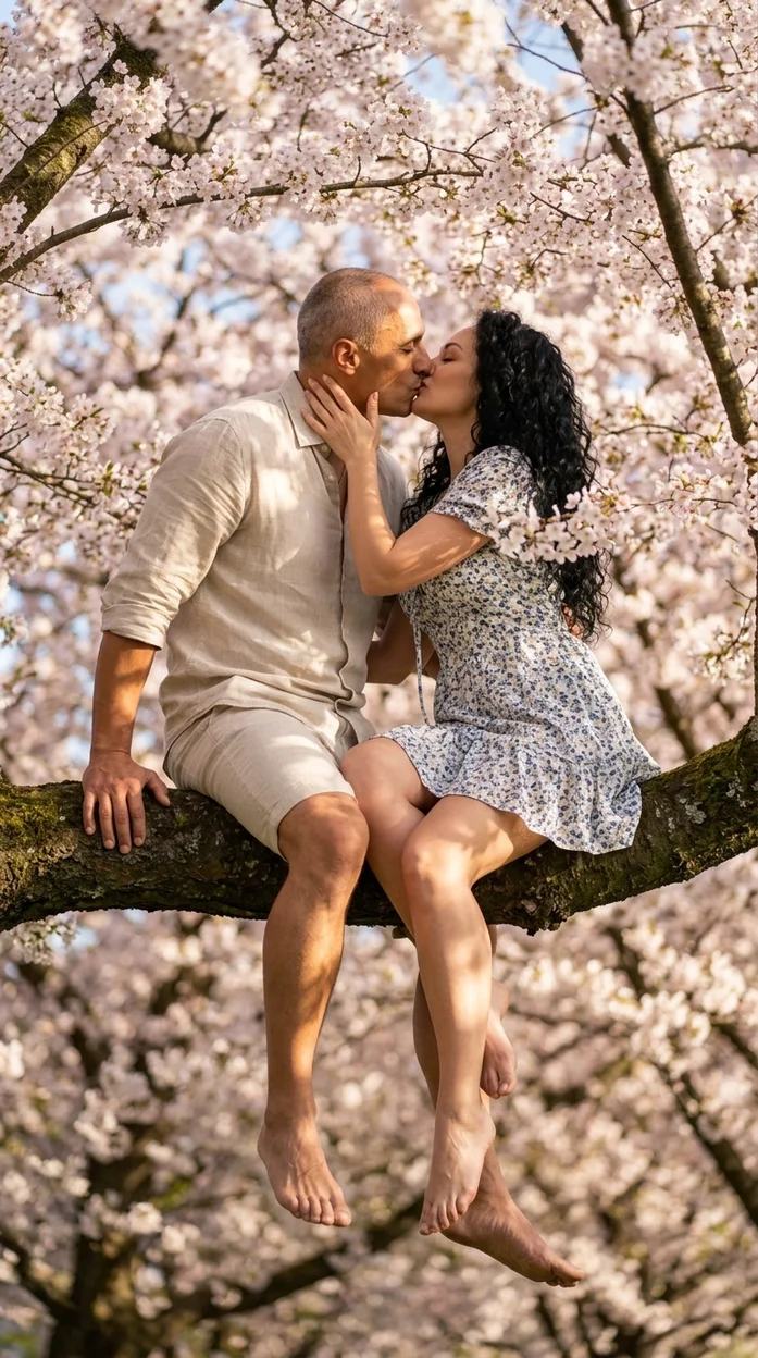 Поцелуй на ветке среди цветущих деревьев