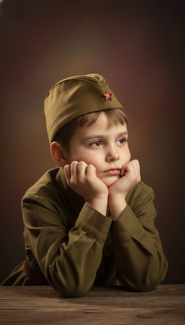  Ребёнок в пилотке у деревянной поверхности опирается подбородком на руки