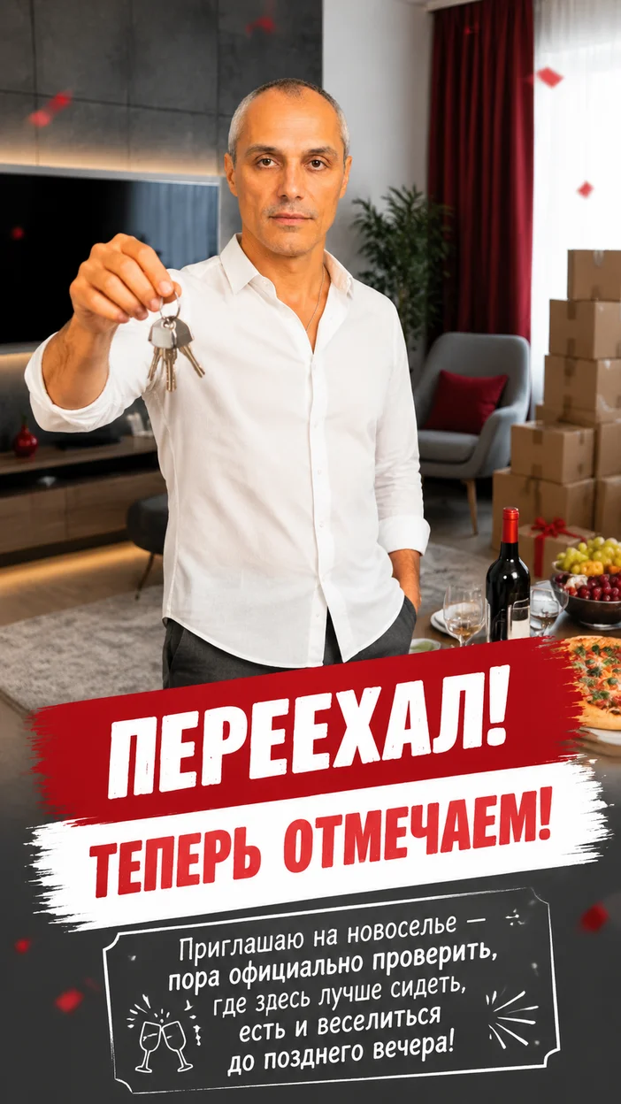Фотооткрытка для мужчины с приглашением «Переехал! Теперь отмечаем!'