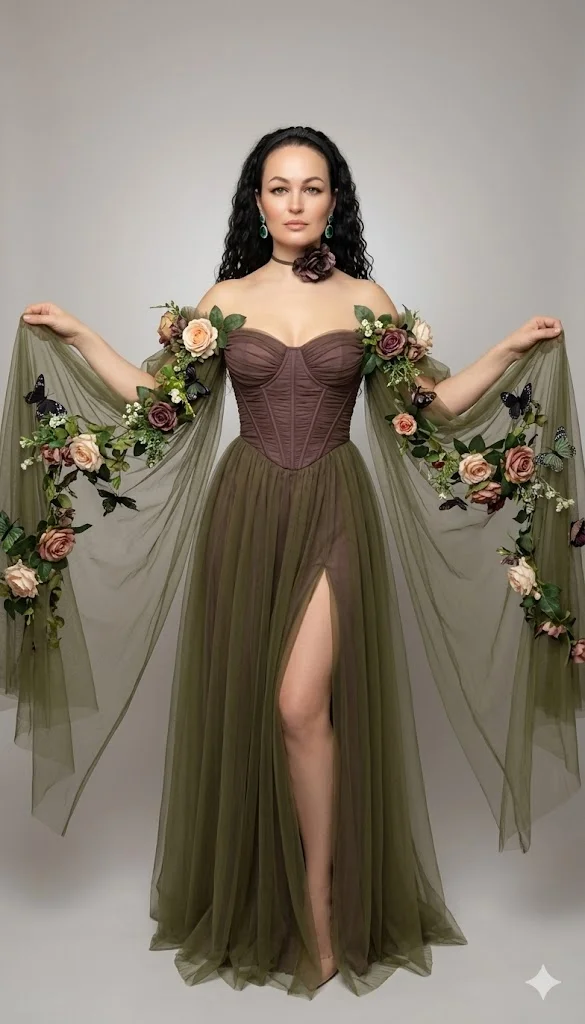 Женщина у светлой стены в корсетном платье с цветами и бабочками