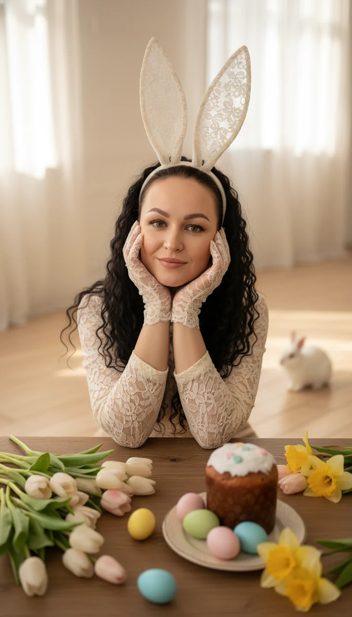 Девушка с ушками кролика за пасхальным столом