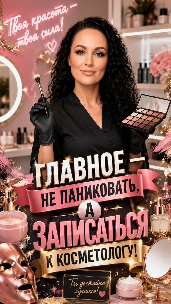 Фотооткрытка косметологу с текстом "ГЛАВНОЕ — НЕ ПАНИКОВАТЬ, А ЗАПИСАТЬСЯ К КОСМЕТОЛОГУ!"