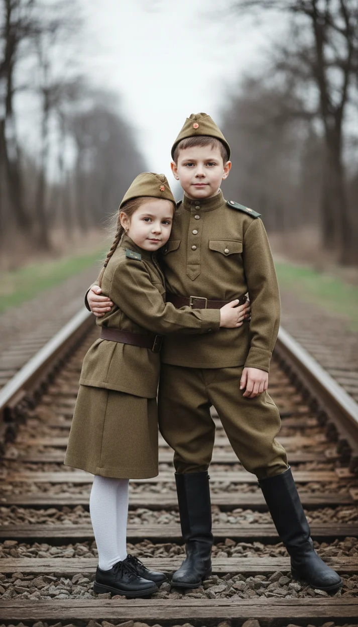 Двое детей в военной форме на железной дороге стоят обнявшись
