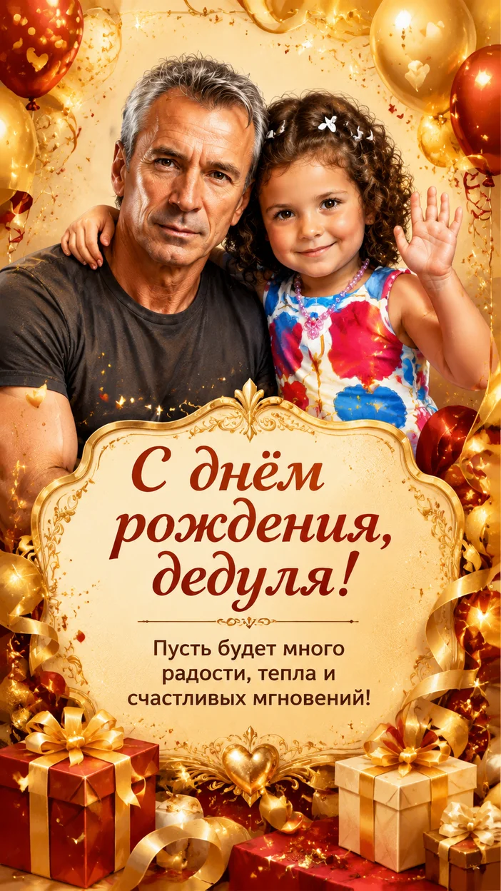 Фотосессия дедушки и ребёнка в золотой рамке