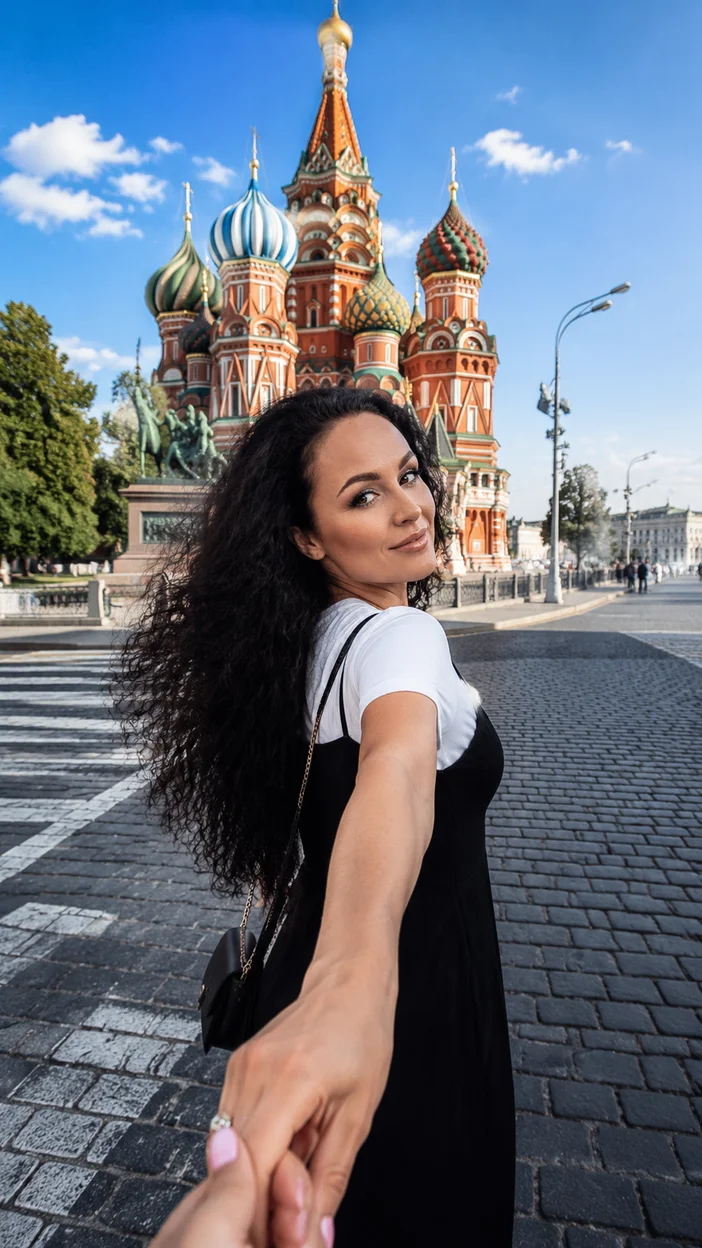 Фотосессия девушки в сарафане у собора Василия Блаженного