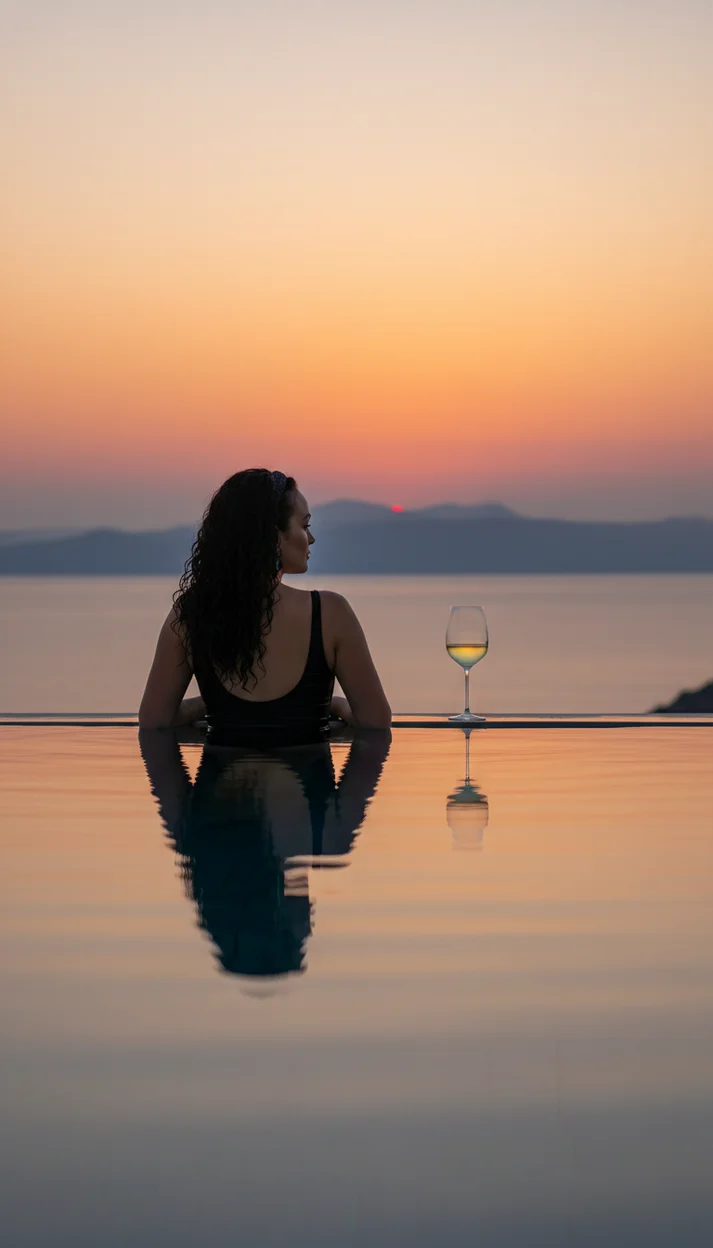  Девушка в инфинити-бассейне на закате с бокалом вина