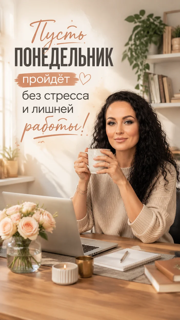Фотооткрытка для всех с текстом "Пусть понедельник пройдёт без стресса и лишней работы!"